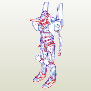 Puede incluir: Un dibujo de líneas azules y rojas de un robot, posiblemente un mecha, con una cabeza grande y un brazo largo y delgado. El robot está de pie con las piernas ligeramente dobladas y los brazos extendidos. El dibujo está sobre un fondo blanco.