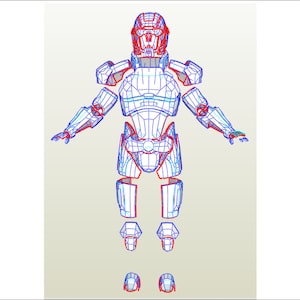 May include: A blue and red line drawing of a futuristic armor suit, with the individual pieces separated for easy printing.