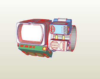 May include: A red, green, and blue 3D model of a Pip-Boy, a wearable computer from the Fallout video game series. The model features a screen, buttons, and a wrist strap.