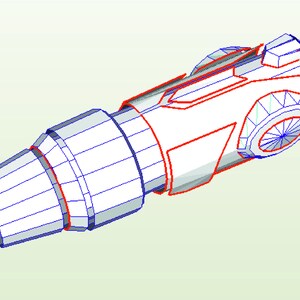 May include: A 3D model of a silver-colored metal object with a blue and red wireframe. The object has a cylindrical shape with a rounded end and a more complex shape at the other end.
