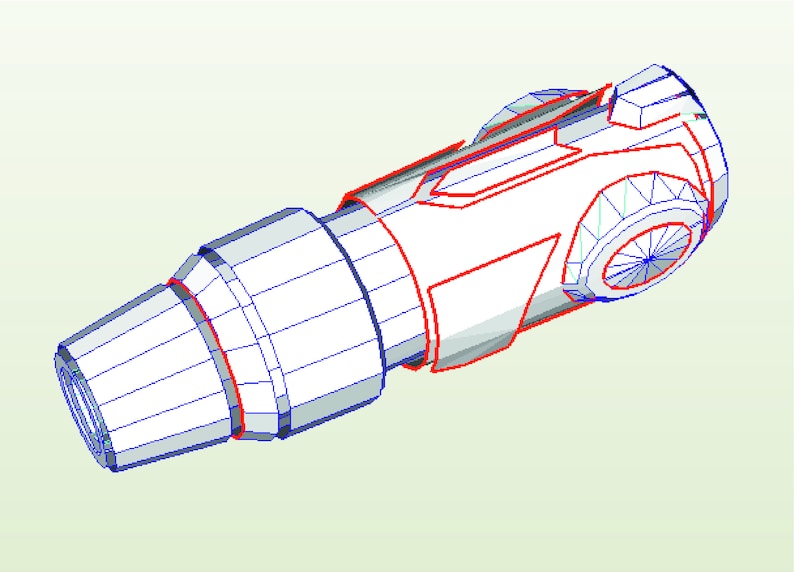 May include: A 3D model of a silver-colored metal object with a blue and red wireframe. The object has a cylindrical shape with a rounded end and a more complex shape at the other end.