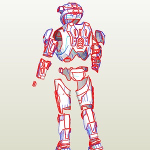 May include: A white and blue papercraft model of a futuristic soldier, disassembled into individual pieces. The model is outlined in red.