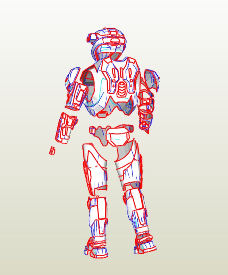 May include: A white and blue papercraft model of a futuristic soldier, disassembled into individual pieces. The model is outlined in red.