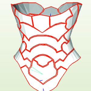 May include: A white 3D model of a corset with red lines outlining the design.