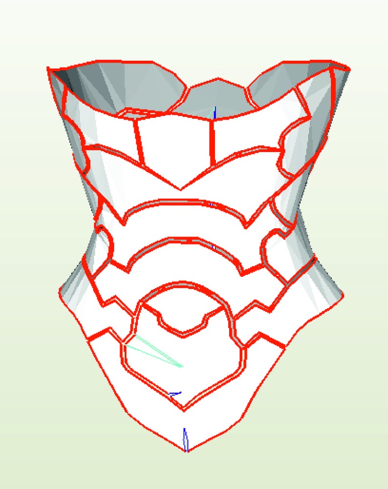 May include: A white 3D model of a corset with red lines outlining the design.