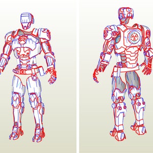 Puede incluir: Dibujo de línea de un robot con un traje blanco y gris con contornos rojos y azules. El robot se muestra de frente y de espalda. El robot tiene un casco con una visera y un diseño circular en el pecho.