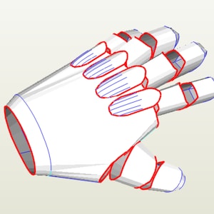 May include: A white papercraft model of a robotic hand with red and blue lines outlining the joints and fingers.