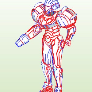 May include: Line art illustration of a video game character wearing a futuristic suit with a helmet. The character is drawn in red and blue lines.