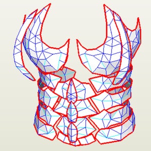 Puede incluir: Un patr&oacute;n de papercraft blanco con l&iacute;neas rojas que delinean la forma de una pieza de pecho de armadura. La armadura est&aacute; dise&ntilde;ada con una serie de placas superpuestas y un cuello puntiagudo.