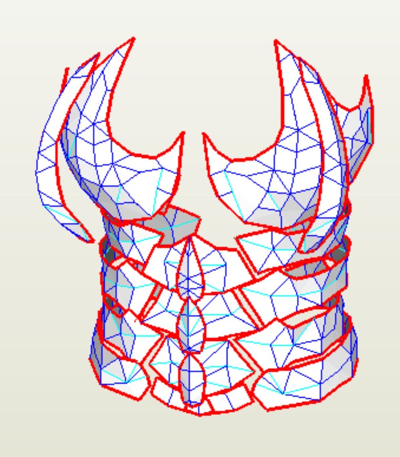 Puede incluir: Un patr&oacute;n de papercraft blanco con l&iacute;neas rojas que delinean la forma de una pieza de pecho de armadura. La armadura est&aacute; dise&ntilde;ada con una serie de placas superpuestas y un cuello puntiagudo.