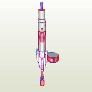 May include: A white and gray 3D model of a futuristic weapon with a long barrel and a circular magazine. The weapon has a red and blue design.