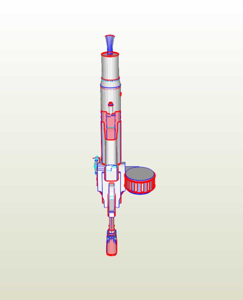 May include: A white and gray 3D model of a futuristic weapon with a long barrel and a circular magazine. The weapon has a red and blue design.