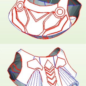 May include: A white and gray 3D model of a futuristic chest piece with red and blue lines. The chest piece has two circular openings on the front and a series of geometric shapes.