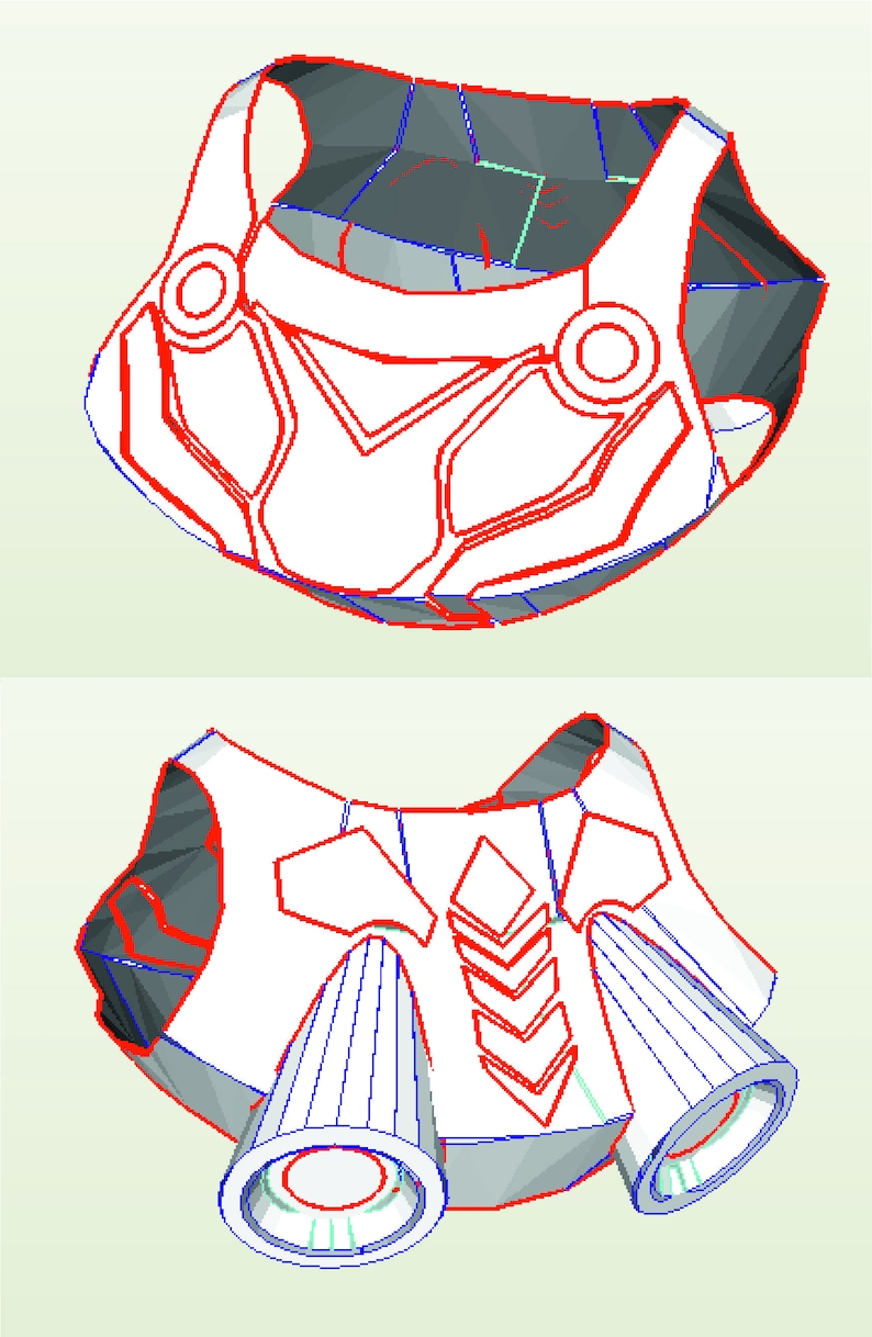May include: A white and gray 3D model of a futuristic chest piece with red and blue lines. The chest piece has two circular openings on the front and a series of geometric shapes.