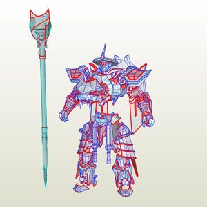 May include: A 3D model of a warrior in armour, with a staff. The model is constructed with a wireframe design, showcasing the structure of the armour and staff. The armour has a helmet and shoulder pads. The staff has a pointed end.
