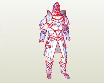 以下が含まれることがあります： 兜と剣を持ったフルアーマーの騎士の線画。赤と青の線で描かれており、白い背景に描かれている。