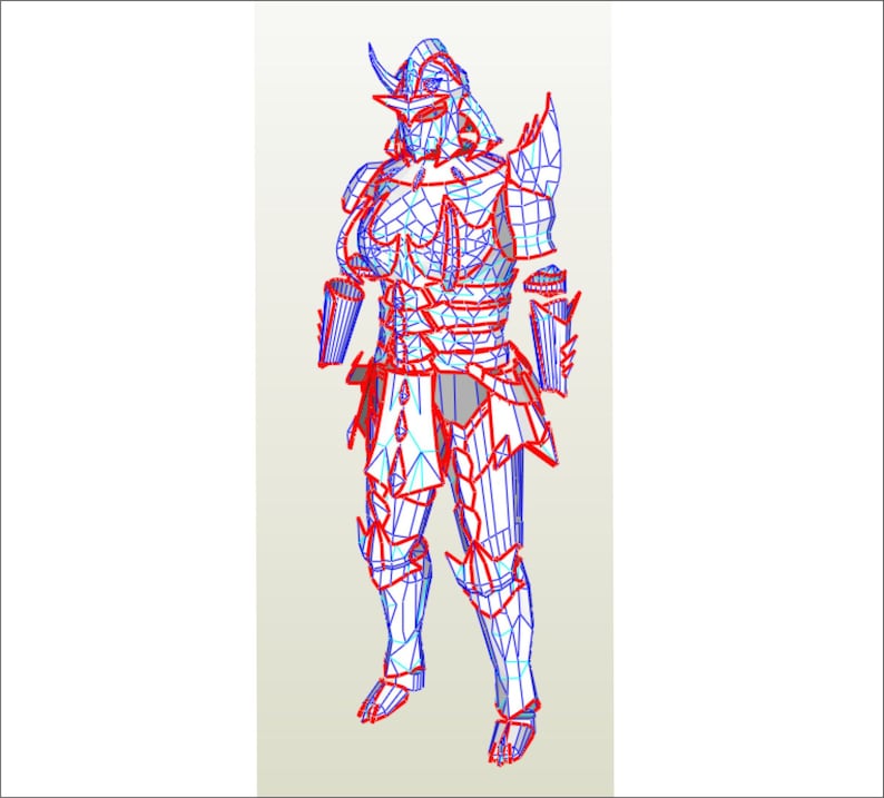 Puede incluir: Un dibujo de l&iacute;nea detallado de un guerrero que lleva una armadura completa con un casco con cuernos. La armadura est&aacute; hecha de placas superpuestas y est&aacute; decorada con detalles intrincados. El dibujo est&aacute; en l&iacute;neas azules y rojas.