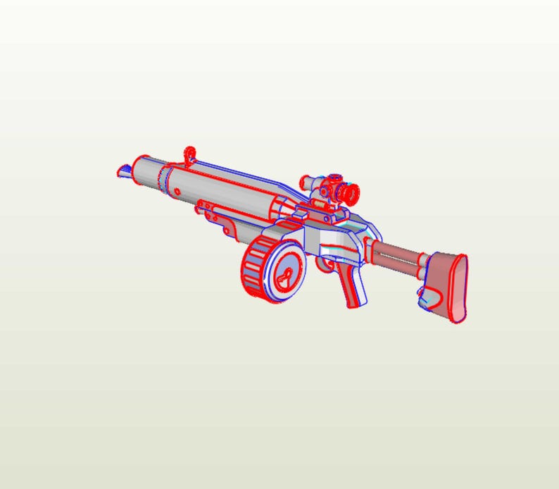 May include: A 3D model of a futuristic, silver-colored weapon with a red outline. The weapon has a large barrel, a scope, and a wheel on the bottom.