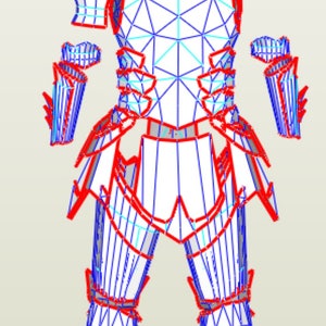 Puede incluir: Un modelo de papelcraft detallado de una armadura de guerrero, con l&iacute;neas azules y rojas que delinean el dise&ntilde;o intrincado. La armadura incluye un casco, una placa de pecho, hombreras, guanteletes y protectores de piernas.