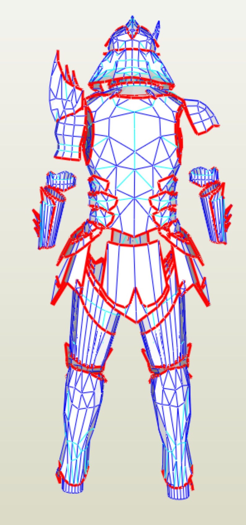 Puede incluir: Un modelo de papelcraft detallado de una armadura de guerrero, con l&iacute;neas azules y rojas que delinean el dise&ntilde;o intrincado. La armadura incluye un casco, una placa de pecho, hombreras, guanteletes y protectores de piernas.