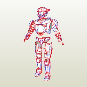 Puede incluir: Una ilustración detallada de una armadura futurista, desglosada en piezas individuales. La armadura es blanca y azul y está compuesta por un casco, una placa de pecho, hombreras, brazos, piernas y pies.