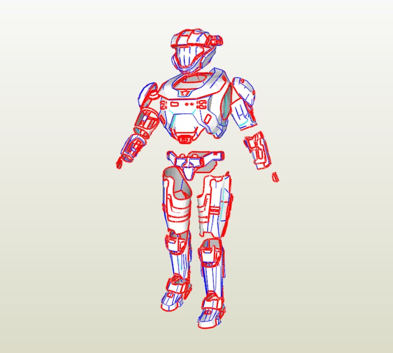 May include: A white and blue detailed illustration of a futuristic suit of armor, broken down into individual pieces. The armor is made up of a helmet, chest plate, shoulder pads, arms, legs, and feet.