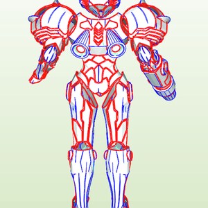 May include: A white and blue robot with red outlines. The robot has a helmet, a chest piece, and a pair of arms with hands. The robot is standing with its legs spread apart.