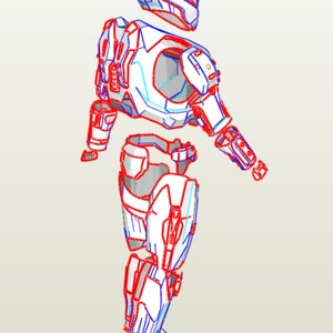 May include: A white and blue detailed papercraft model of a futuristic robot or soldier. The model is made up of many individual pieces that are connected together. The model is in a standing position with one arm raised.