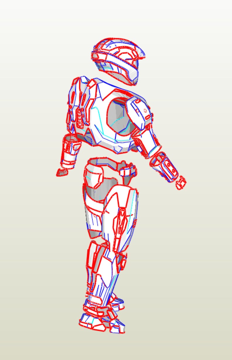 May include: A white and blue detailed papercraft model of a futuristic robot or soldier. The model is made up of many individual pieces that are connected together. The model is in a standing position with one arm raised.