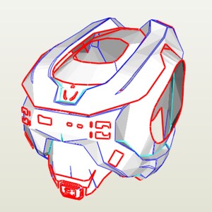 May include: A white 3D printed model of a helmet with red and blue lines. The helmet has a visor and a series of geometric shapes.