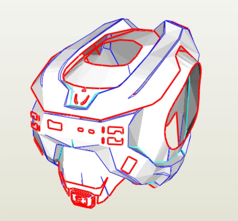 May include: A white 3D printed model of a helmet with red and blue lines. The helmet has a visor and a series of geometric shapes.