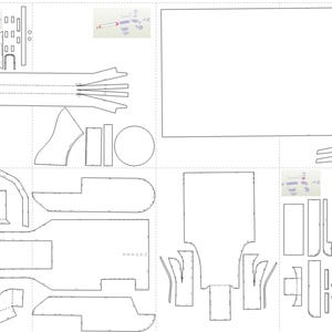 May include: A printable papercraft model of a spaceship with detailed instructions. The model is made up of various parts that can be cut out and assembled.