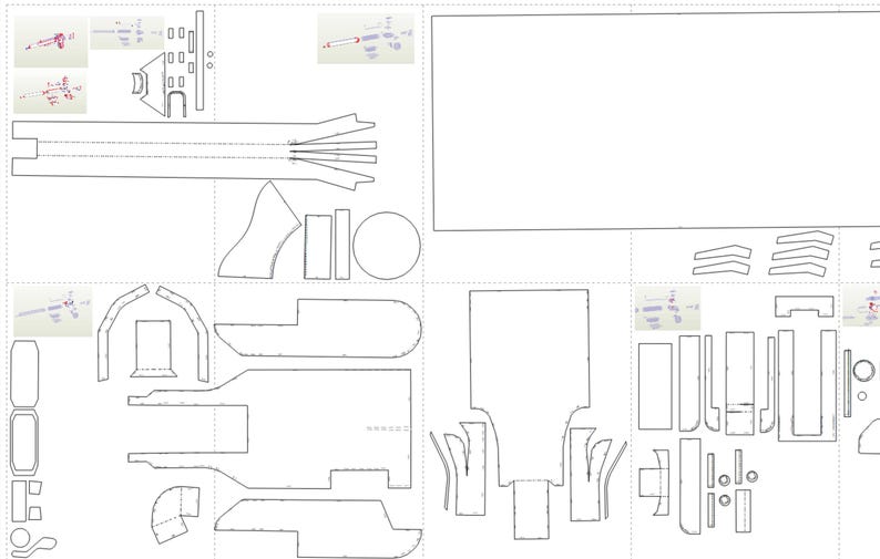May include: A printable papercraft model of a spaceship with detailed instructions. The model is made up of various parts that can be cut out and assembled.