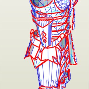 Puede incluir: Un modelo 3D de un personaje que lleva una armadura poligonal roja y azul detallada. El personaje est&aacute; de pie con la pierna derecha hacia adelante y el brazo izquierdo doblado en el codo.