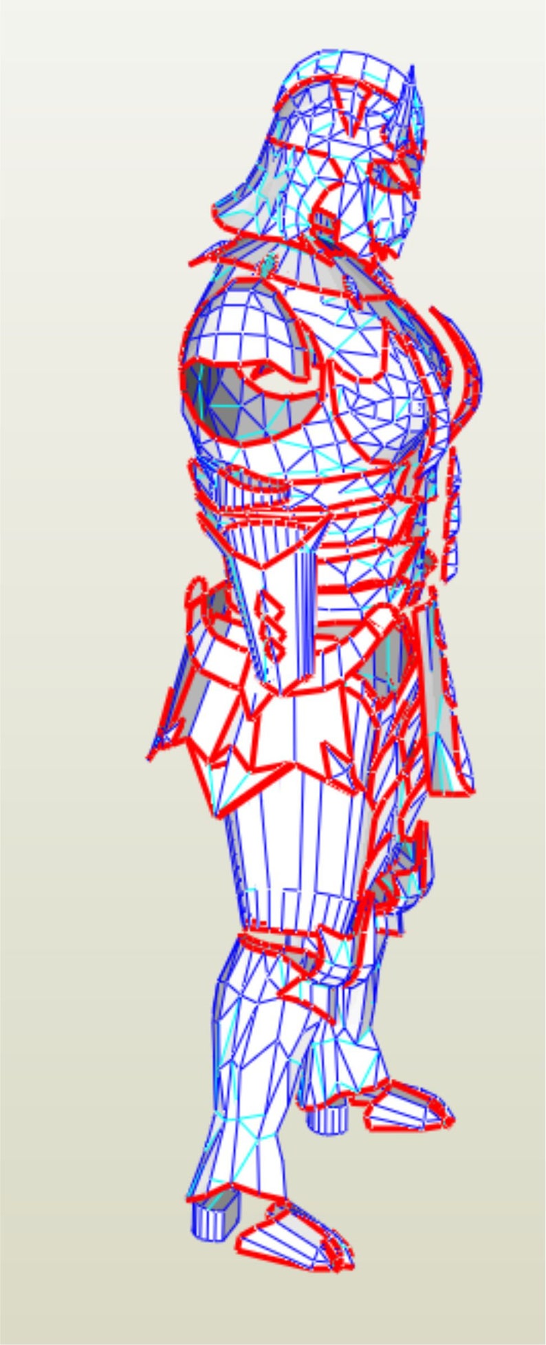 Puede incluir: Un modelo 3D de un personaje que lleva una armadura poligonal roja y azul detallada. El personaje est&aacute; de pie con la pierna derecha hacia adelante y el brazo izquierdo doblado en el codo.