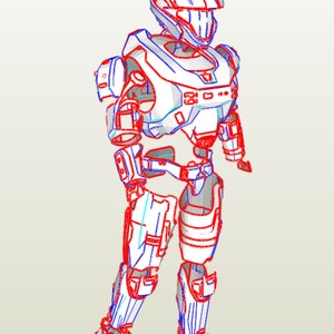 May include: A white and blue detailed illustration of a futuristic robot or soldier wearing a helmet and armor. The illustration is in a papercraft style with red lines outlining the design.