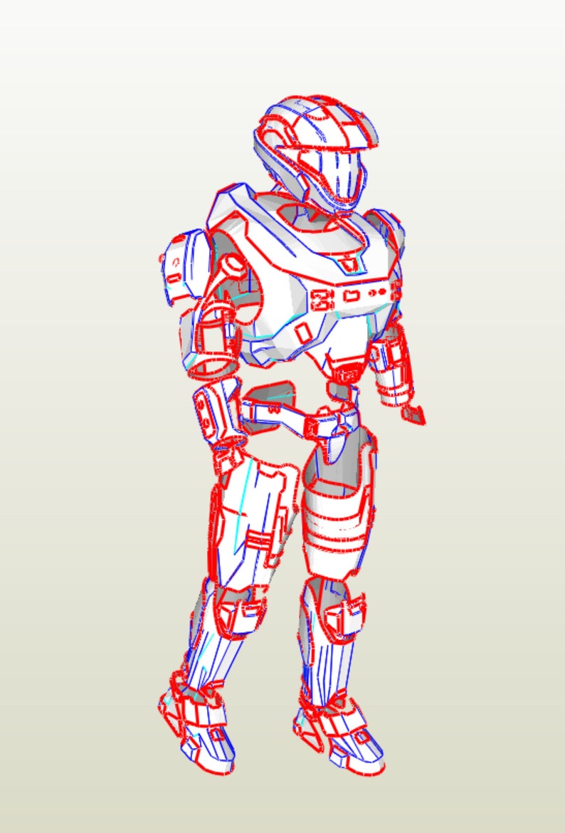 May include: A white and blue detailed illustration of a futuristic robot or soldier wearing a helmet and armor. The illustration is in a papercraft style with red lines outlining the design.