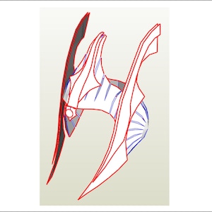 Puede incluir: Un modelo de papel de nave espacial futurista blanco y rojo con detalles intrincados. El modelo está diseñado para ser ensamblado y presenta un diseño afilado y angular.