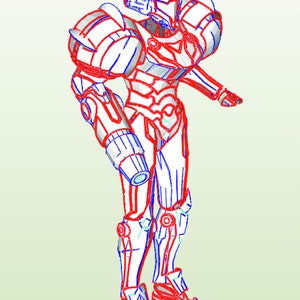 May include: A red and blue line drawing of a video game character wearing a helmet and armor. The character is standing with one arm raised and the other holding a weapon.