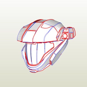 May include: A white helmet with blue and red lines, designed for cosplay or prop making. The helmet has a visor and a small attachment on the side.