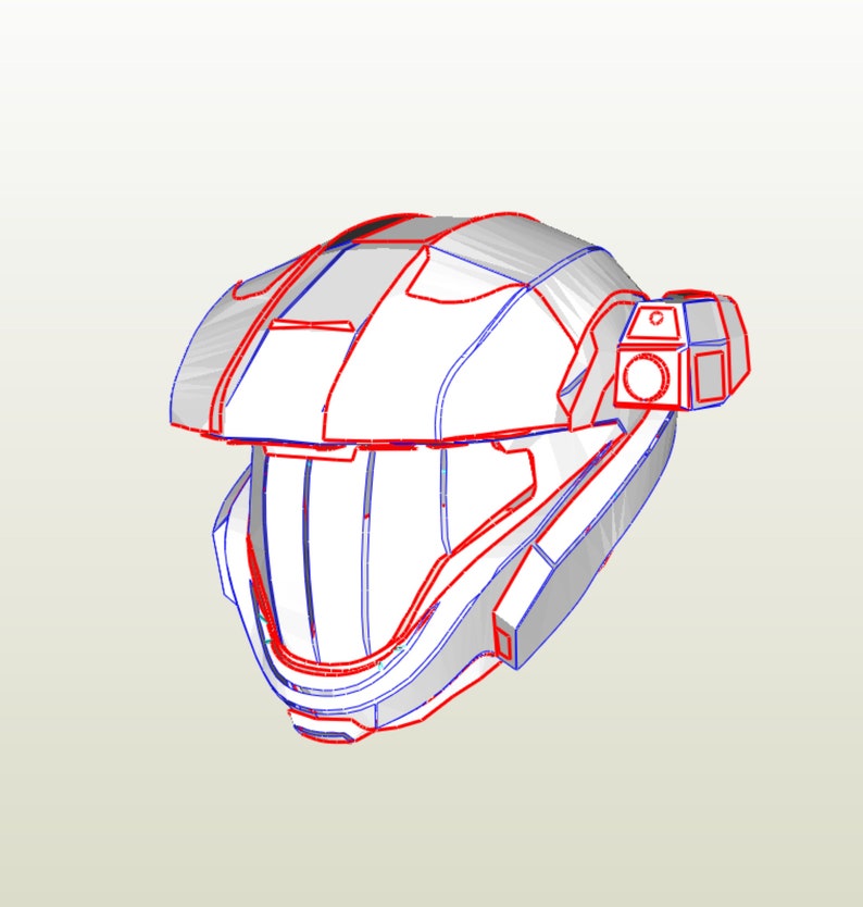 May include: A white helmet with blue and red lines, designed for cosplay or prop making. The helmet has a visor and a small attachment on the side.