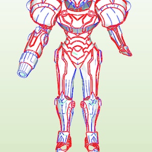 May include: Line art illustration of a white and red robot with a gun in its right hand. The robot is standing with its legs slightly apart and its arms outstretched. The robot has a helmet with a visor and a detailed design.