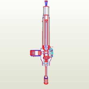 May include: A detailed 3D model of a futuristic weapon with a red and blue color scheme. The weapon has a long barrel and a complex internal mechanism.