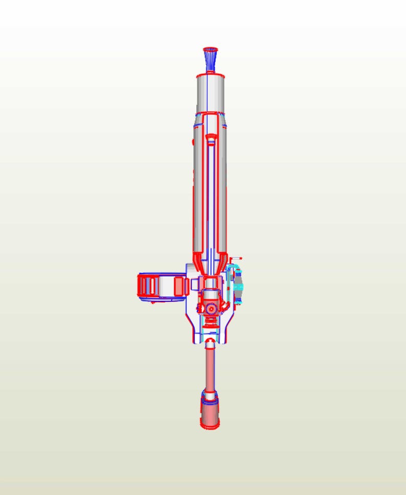 May include: A detailed 3D model of a futuristic weapon with a red and blue color scheme. The weapon has a long barrel and a complex internal mechanism.
