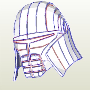 Puede incluir: Un casco de papel blanco con líneas azules y rojas. El casco tiene una visera y una protección para la barbilla.
