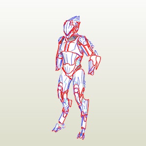 Puede incluir: Dibujo de línea de un robot con un traje blanco y azul con contornos rojos. El robot tiene un casco con visera y está de pie con las piernas ligeramente separadas.