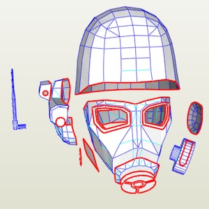 May include: A papercraft template for a gas mask. The template is divided into multiple pieces, including the mask, the helmet, and the filter. The pieces are outlined in red and blue lines.