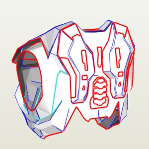 May include: A white, 3D printed model of a chest piece for a costume. The model is detailed with geometric shapes and lines, and has a textured design on the front. The model is printed in white plastic and has a smooth finish.