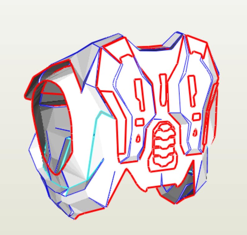 May include: A white, 3D printed model of a chest piece for a costume. The model is detailed with geometric shapes and lines, and has a textured design on the front. The model is printed in white plastic and has a smooth finish.