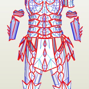 Puede incluir: Un modelo de papelcraft detallado de un guerrero samur&aacute;i con armadura. La armadura est&aacute; hecha de l&iacute;neas azules y rojas, creando un patr&oacute;n geom&eacute;trico. El modelo est&aacute; de pie con las piernas separadas y los brazos a los lados.